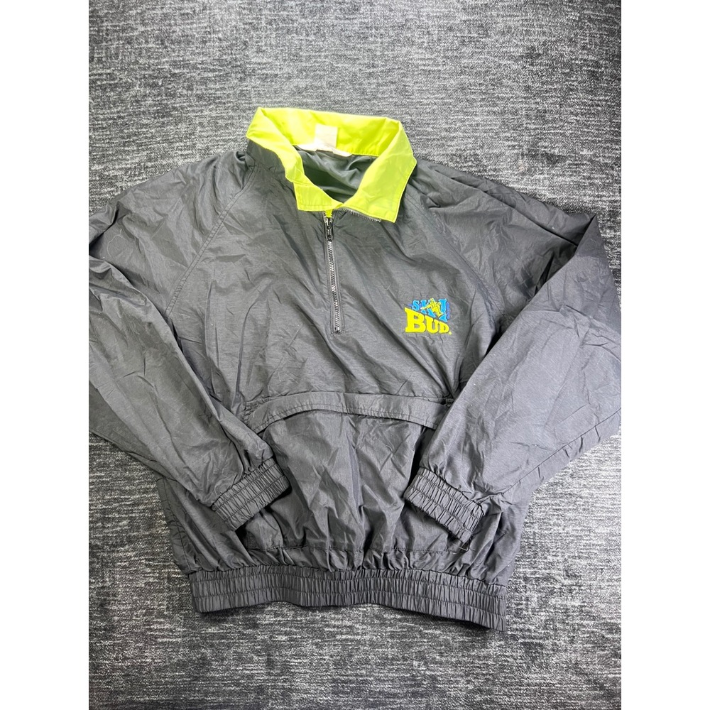 Budweiser Windbreaker Mens XL Grey Neon Yellow Ski Bud Vintage 90s Quarter Zip